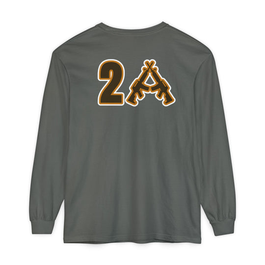 Back view of 2A Long Sleeve Tee featuring a stylized 2A graphic with rifles on an olive-gray shirt, showcasing a relaxed fit and garment-dyed fabric.