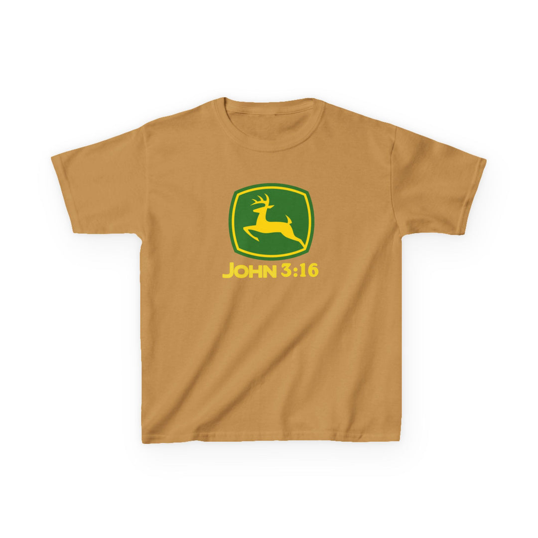 John 3:16 Kids Tee featuring a humorous take on the John Deere logo, with a green-and-yellow jumping deer shield and text, ideal for everyday wear.