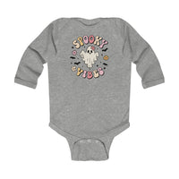 A grey baby bodysuit featuring a ghost and bats, ideal for spooky vibes. Long-sleeved with ribbed knitting for durability and easy changing. Made of 100% cotton for softness. From Worlds Worst Tees.