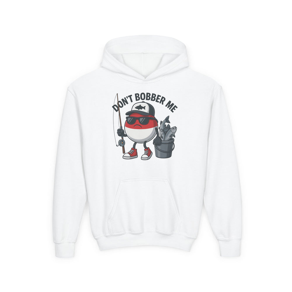 Don't Bobber Me Youth Hoodie features a cartoon bobber character with fishing gear, a humorous graphic on a cozy, ultra-soft fleece, ideal for kids' playful style.