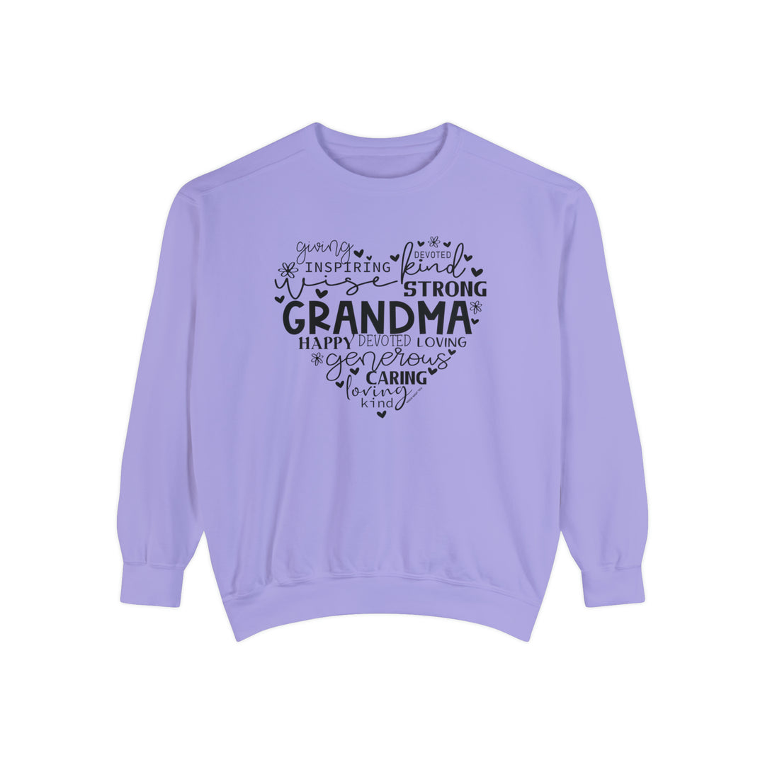 Unisex Grandma Crew sweatshirt in purple with black text. Made of 80% ring-spun cotton and 20% polyester, featuring a relaxed fit and rolled-forward shoulder. From Worlds Worst Tees.