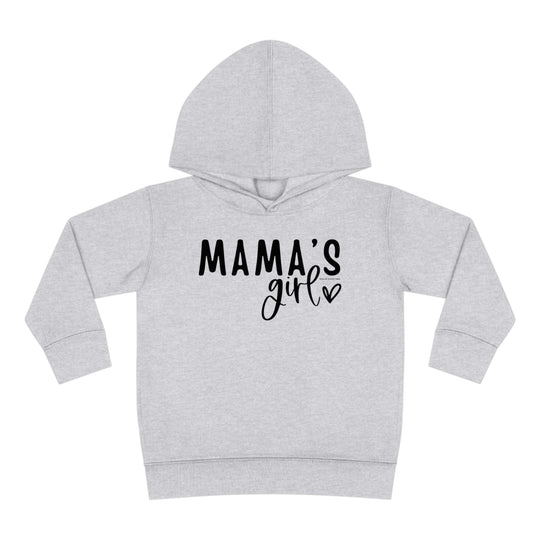 Toddler hoodie with Mama's Girl design, jersey-lined hood, cover-stitched details, and side seam pockets for durability and coziness. 60% cotton, 40% polyester blend. Sizes: 2T, 4T, 5-6T.