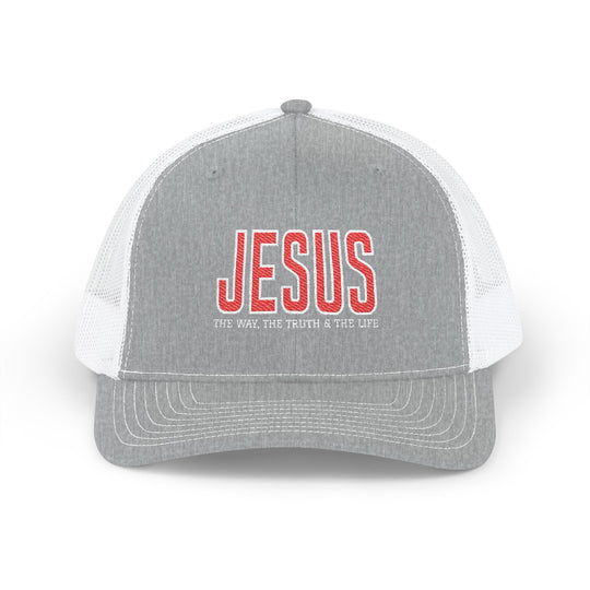 Jesus, the Truth, the Way, the Life Snapback Trucker Cap featuring a grey front with red and white embroidery, white mesh back, and adjustable snap closure.