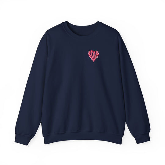 Unisex Love Crew sweatshirt: Blue with heart design. 50% cotton, 50% polyester, ribbed knit collar, no itchy side seams. Medium-heavy fabric, loose fit, sewn-in label. Sizes S-5XL.