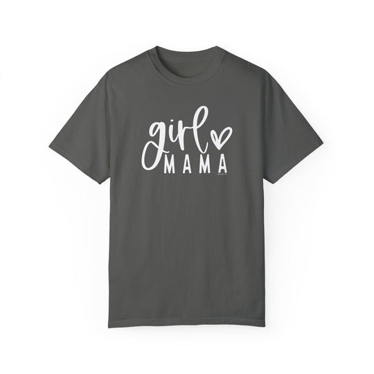 Girl Mama Tee: A grey t-shirt with white text, made of 100% ring-spun cotton. Garment-dyed for extra coziness, featuring a relaxed fit and durable double-needle stitching. Ideal for daily wear.
