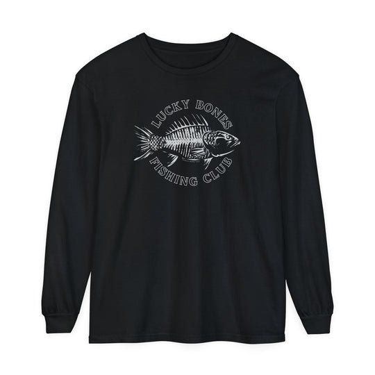 Black Lucky Bones Fishing Club Long Sleeve Tee with fish graphic on ring-spun cotton. Garment-dyed fabric, relaxed fit for casual comfort. Ideal for Turkey Hunting Tee fans.