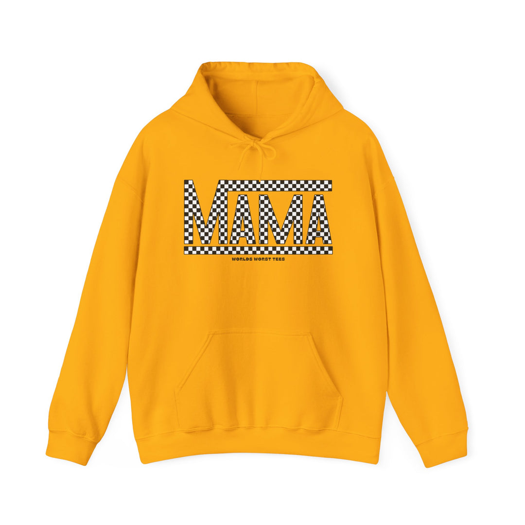 A cozy Vans Mama Hoodie, a yellow sweatshirt with black and white checkered letters. Unisex heavy blend, cotton-polyester fabric, kangaroo pocket, and drawstring hood. Ideal for relaxation and warmth.