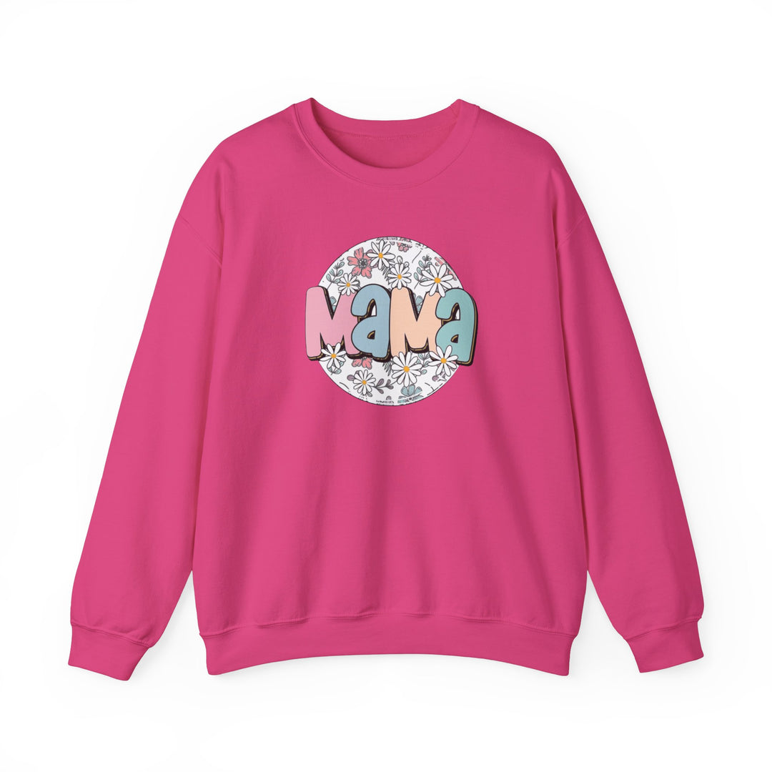 Unisex Sassy Mama Flower Crew sweatshirt, pink with logo. Heavy blend fabric, ribbed knit collar, no itchy seams. 50% cotton, 50% polyester, loose fit, true to size. Ideal for comfort.