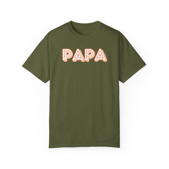 Papa Tee: Green shirt with white text. 100% ring-spun cotton, garment-dyed for coziness. Relaxed fit, double-needle stitching for durability, no side-seams for shape retention.