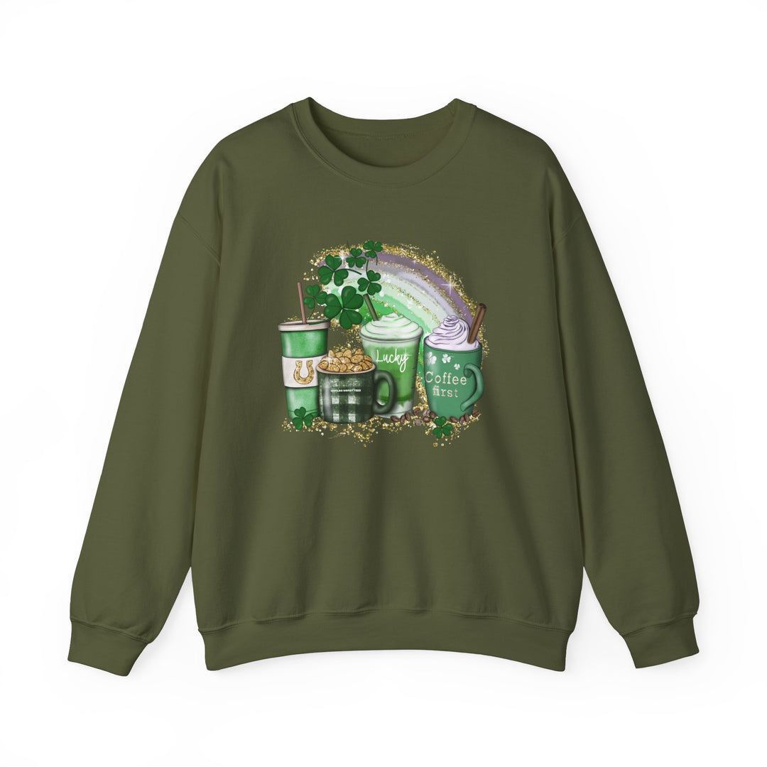 Unisex Lucky Coffee Crew sweatshirt featuring a rainbow and coffee cup design. Heavy blend fabric, ribbed knit collar, and no itchy seams. Ideal for comfort in a loose fit. Sizes S-5XL.