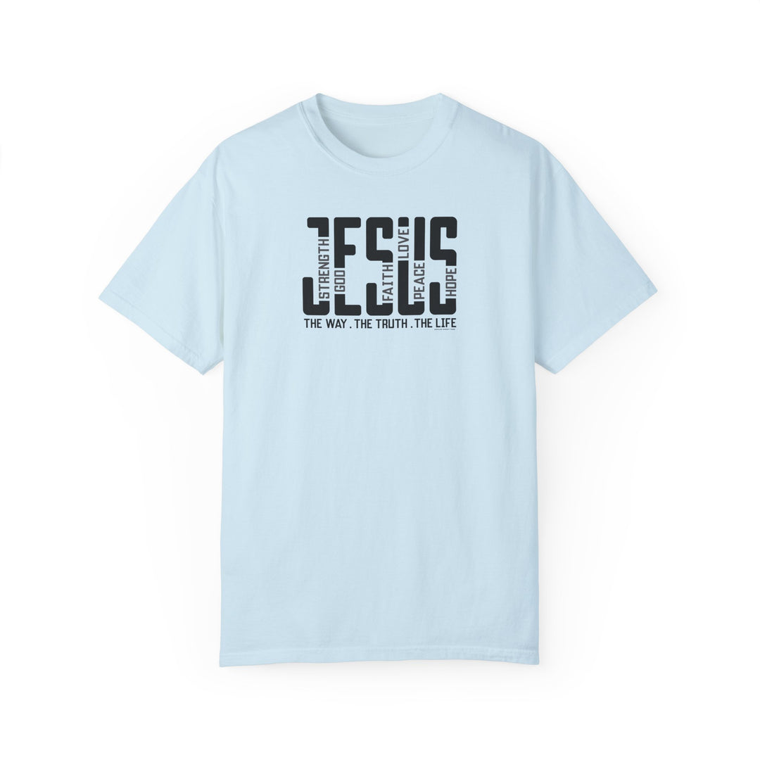 Jesus Tee: Light blue t-shirt with black text. 100% ring-spun cotton, garment-dyed for coziness. Relaxed fit, durable double-needle stitching, seamless design. From Worlds Worst Tees.