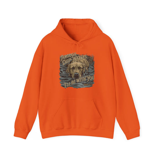 Unisex Through Deep Waters Hunting Hoodie, orange sweatshirt with dog design. Heavy cotton-polyester blend, kangaroo pocket, drawstring hood. Classic fit, tear-away label, medium-heavy fabric. Ideal for warmth and comfort.