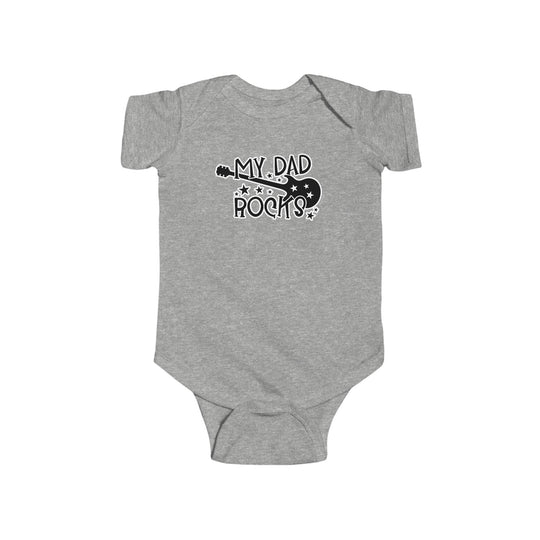 Infant fine jersey bodysuit featuring My Dad Rocks logo. 100% cotton fabric with ribbed knitting for durability. Plastic snaps at closure for easy changing access. From Worlds Worst Tees.