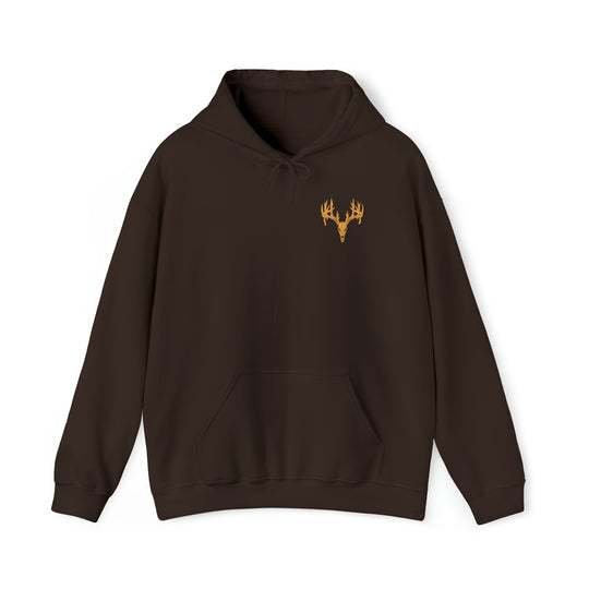 A brown Tagged Out Sweatshirt featuring a deer head design. Unisex heavy blend hoodie with kangaroo pocket, cotton-polyester fabric, tear-away label, and classic fit. Ideal for comfort and style.