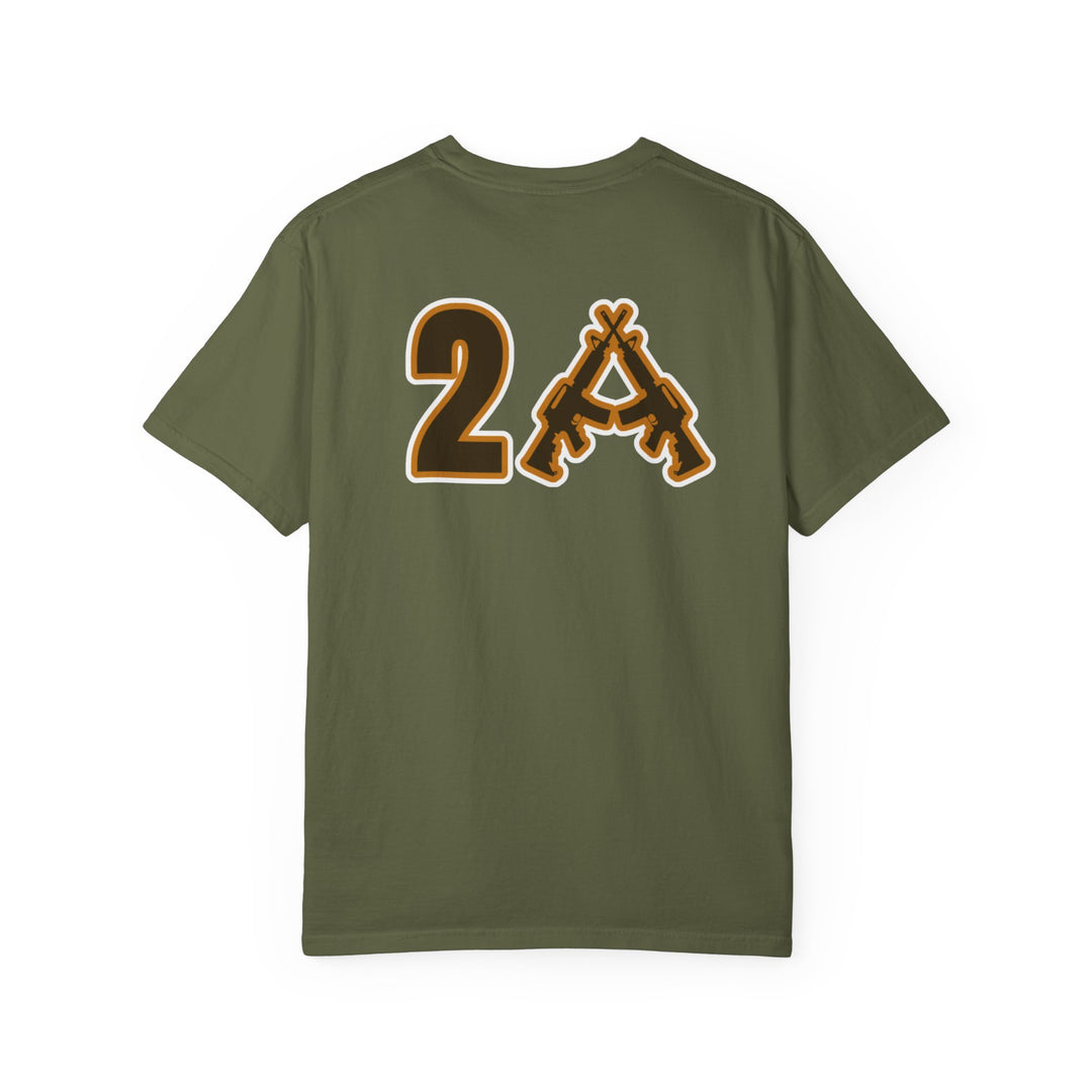 Back view of the olive-green 2A Tee featuring crossed rifles forming the letter A, symbolizing the U.S. Second Amendment, from Worlds Worst Tees collection.