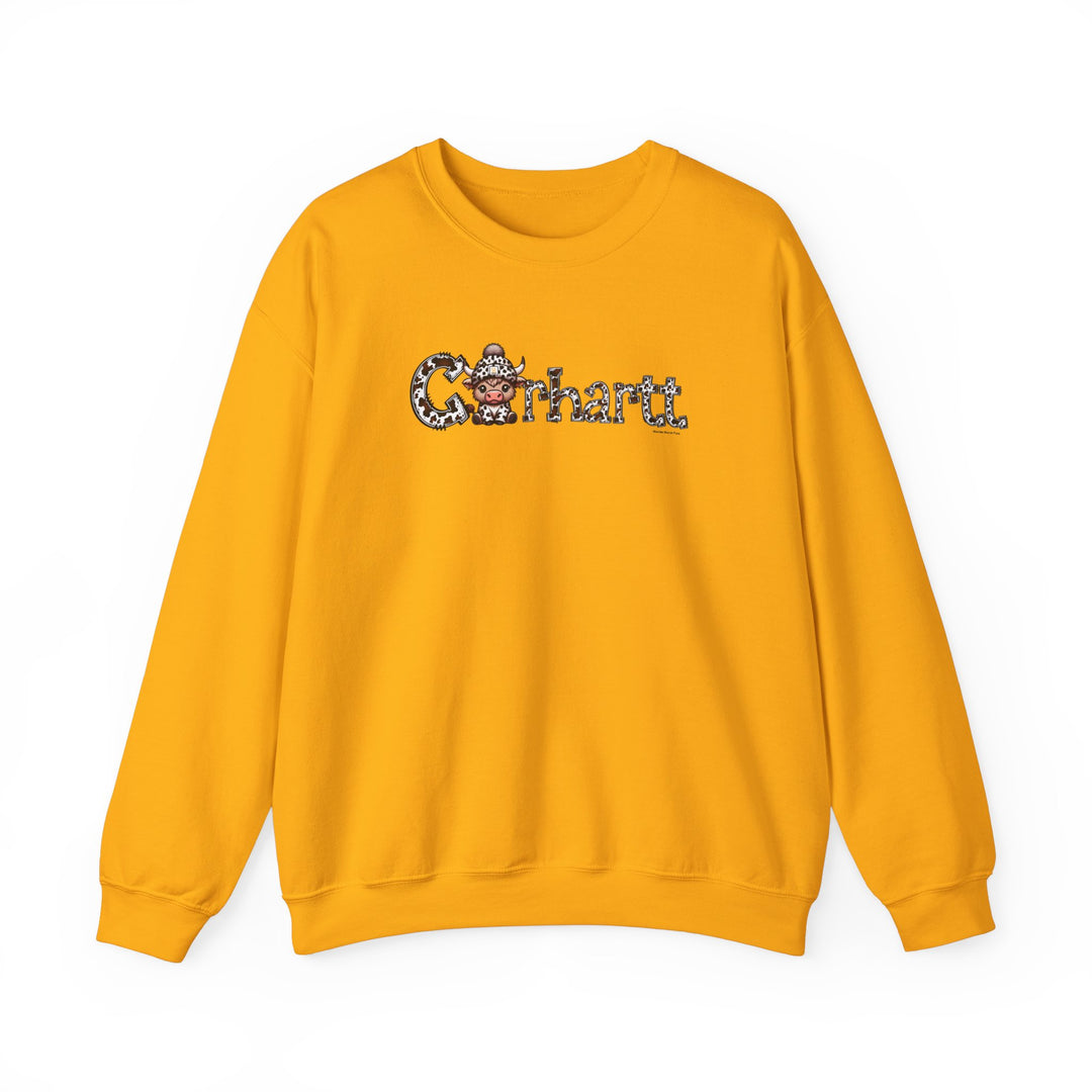 A yellow Cowhartt Cow Crew sweatshirt with a cartoon cow design, ribbed knit collar, and no itchy side seams. Unisex, 50% cotton, 50% polyester, loose fit, medium-heavy fabric.