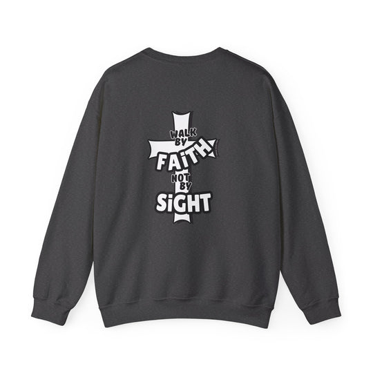 A black sweatshirt with white text featuring a cross design and the phrase Walk By Faith Not By Sight Crew. Unisex heavy blend crewneck sweatshirt made of 50% cotton and 50% polyester. Ribbed knit collar, no itchy side seams.