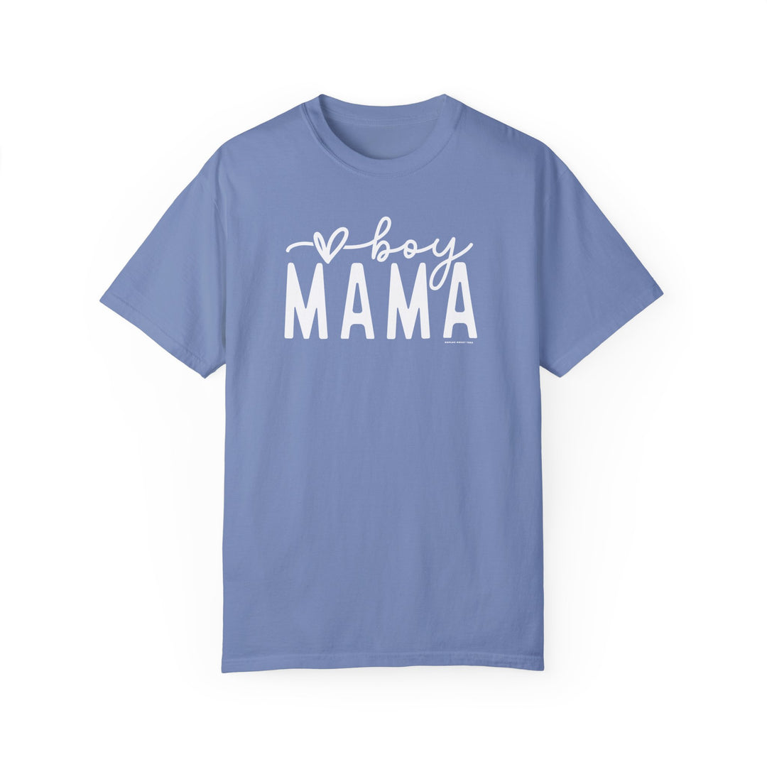 A relaxed fit Boy Mama Tee, 100% ring-spun cotton, garment-dyed for coziness. Double-needle stitching, no side-seams for durability and shape. Ideal for daily wear.