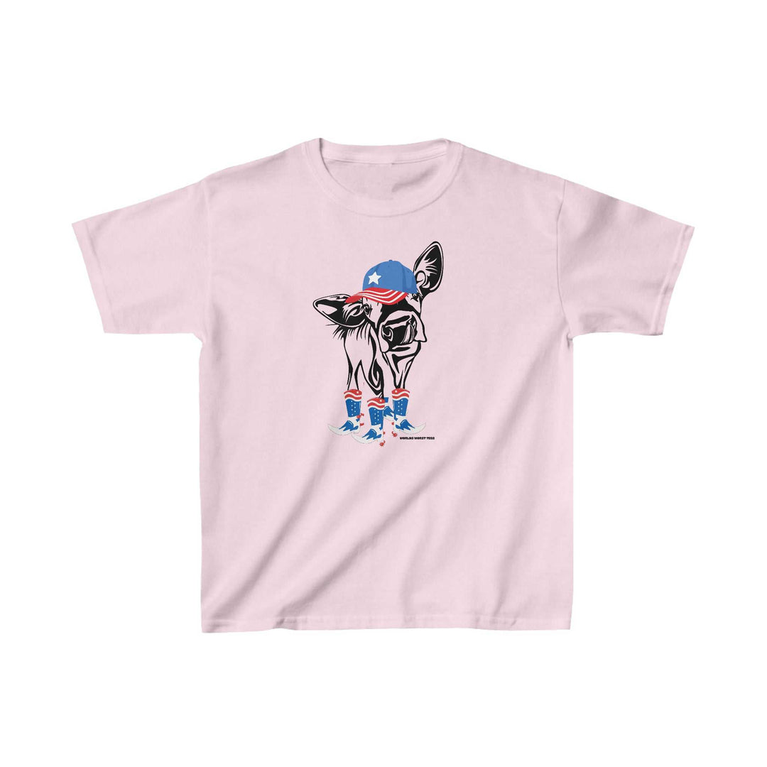 A kids' tee featuring a cow in a hat and boots, ideal for daily wear. Made of 100% cotton with twill tape shoulders and curl-resistant collar. From 'Worlds Worst Tees'.