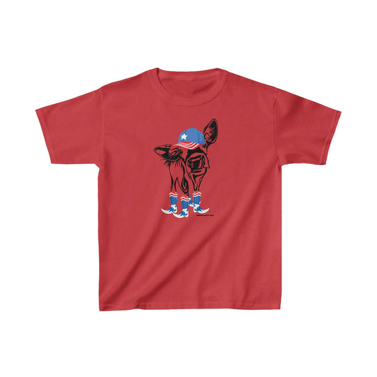 Kids 4th of July Rodeo Cow Tee: Red shirt with dog in hat and boots. 100% cotton, light fabric, classic fit, durable twill tape shoulders, curl-resistant collar. Perfect for everyday wear.