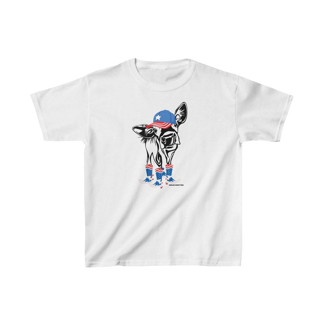 A white kids tee with a playful cow in a hat and boots design, ideal for everyday wear. Made of 100% cotton, featuring twill tape shoulders and a curl-resistant collar. From 'Worlds Worst Tees'.