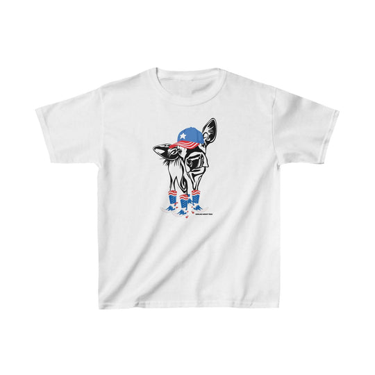 A white kids tee with a playful cow in a hat and boots design, ideal for everyday wear. Made of 100% cotton, featuring twill tape shoulders and a curl-resistant collar. From 'Worlds Worst Tees'.