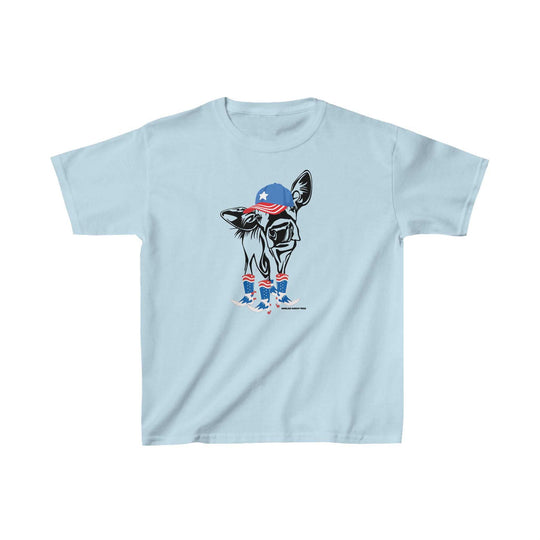 A kids' tee featuring a cow in a hat and boots, perfect for everyday wear. Made of 100% cotton, with twill tape shoulders for durability and a curl-resistant collar. Classic fit, suitable for printing.