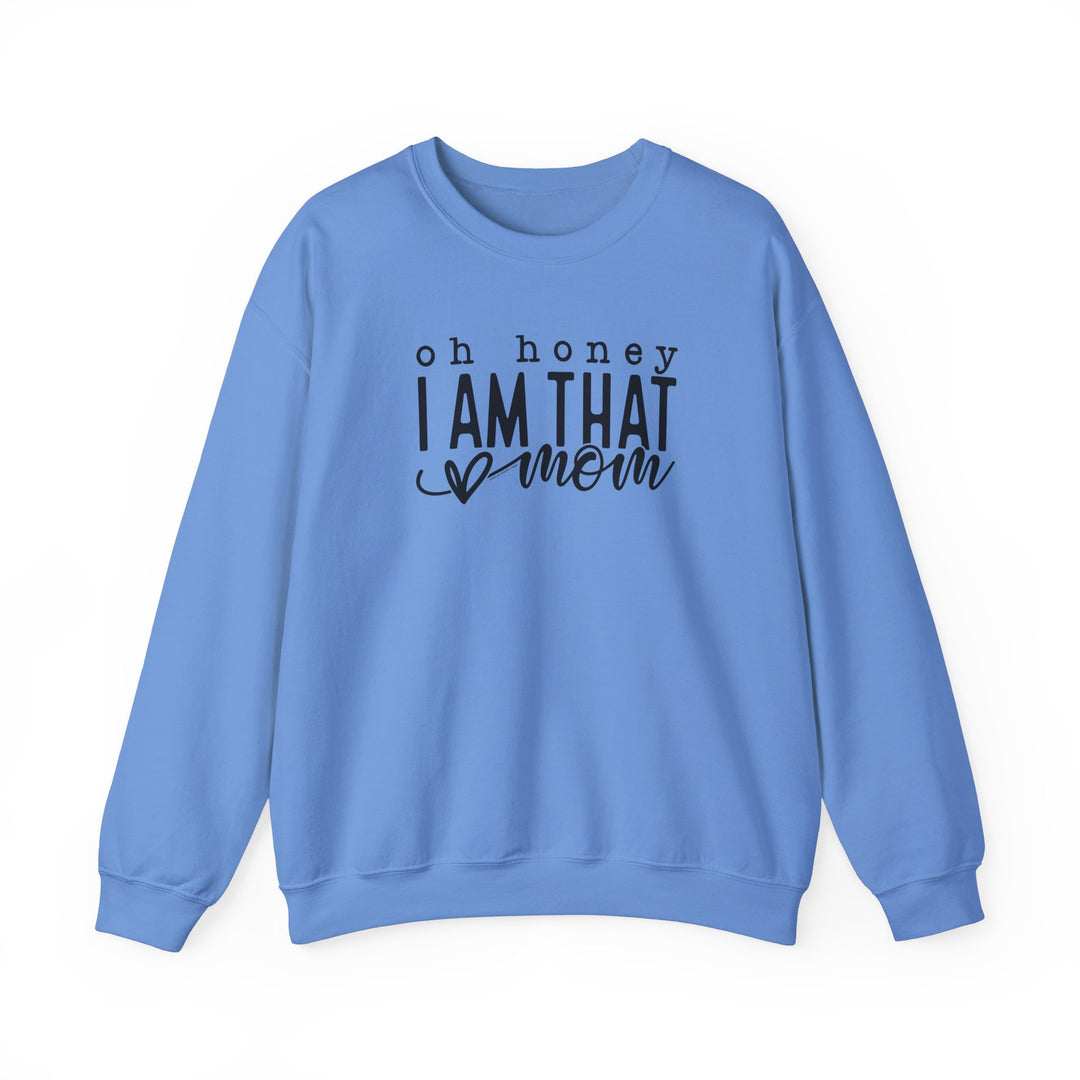 A unisex heavy blend crewneck sweatshirt featuring Oh Honey I'm that Mom text. Made of 50% cotton, 50% polyester, ribbed knit collar, and no itchy side seams. Medium-heavy fabric, loose fit, true to size.
