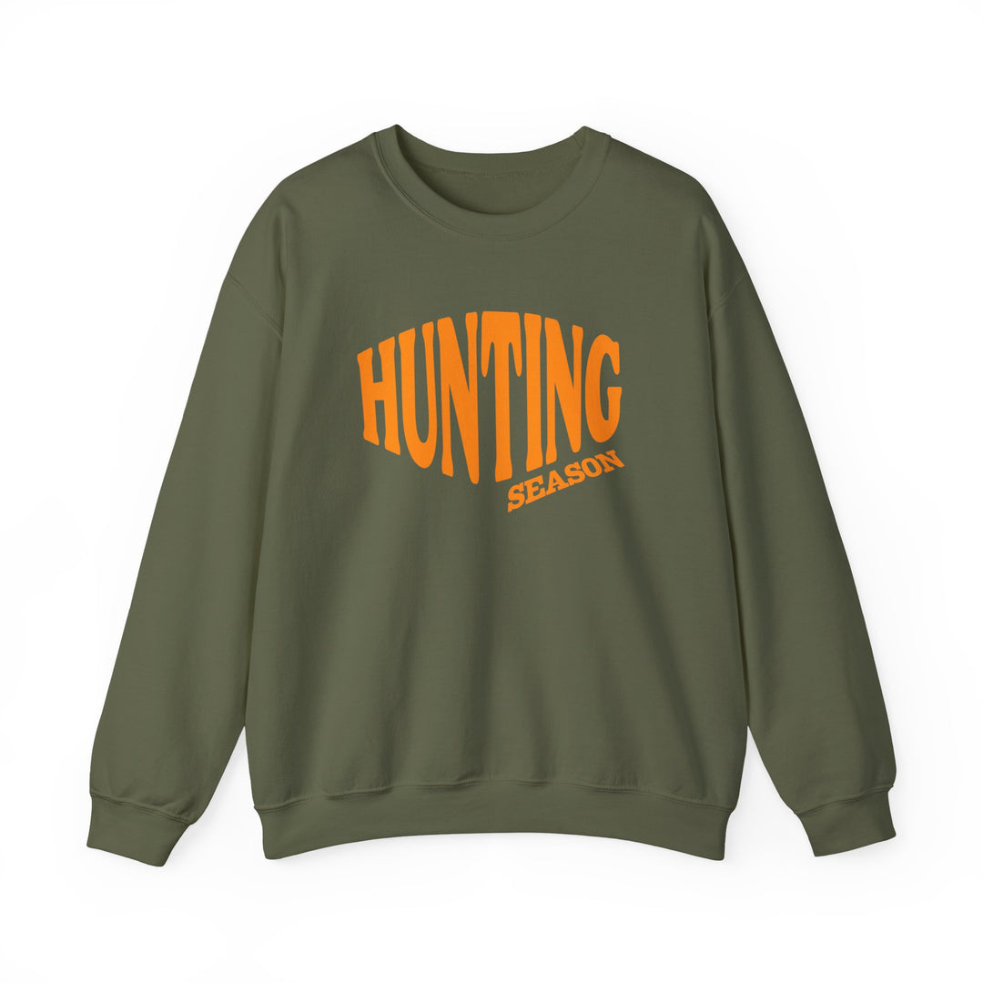 Army-green sweatshirt with HUNTING SEASON in orange letters, crewneck, long sleeves, unisex fit. Made of a cozy polyester-cotton blend for comfort and durability.