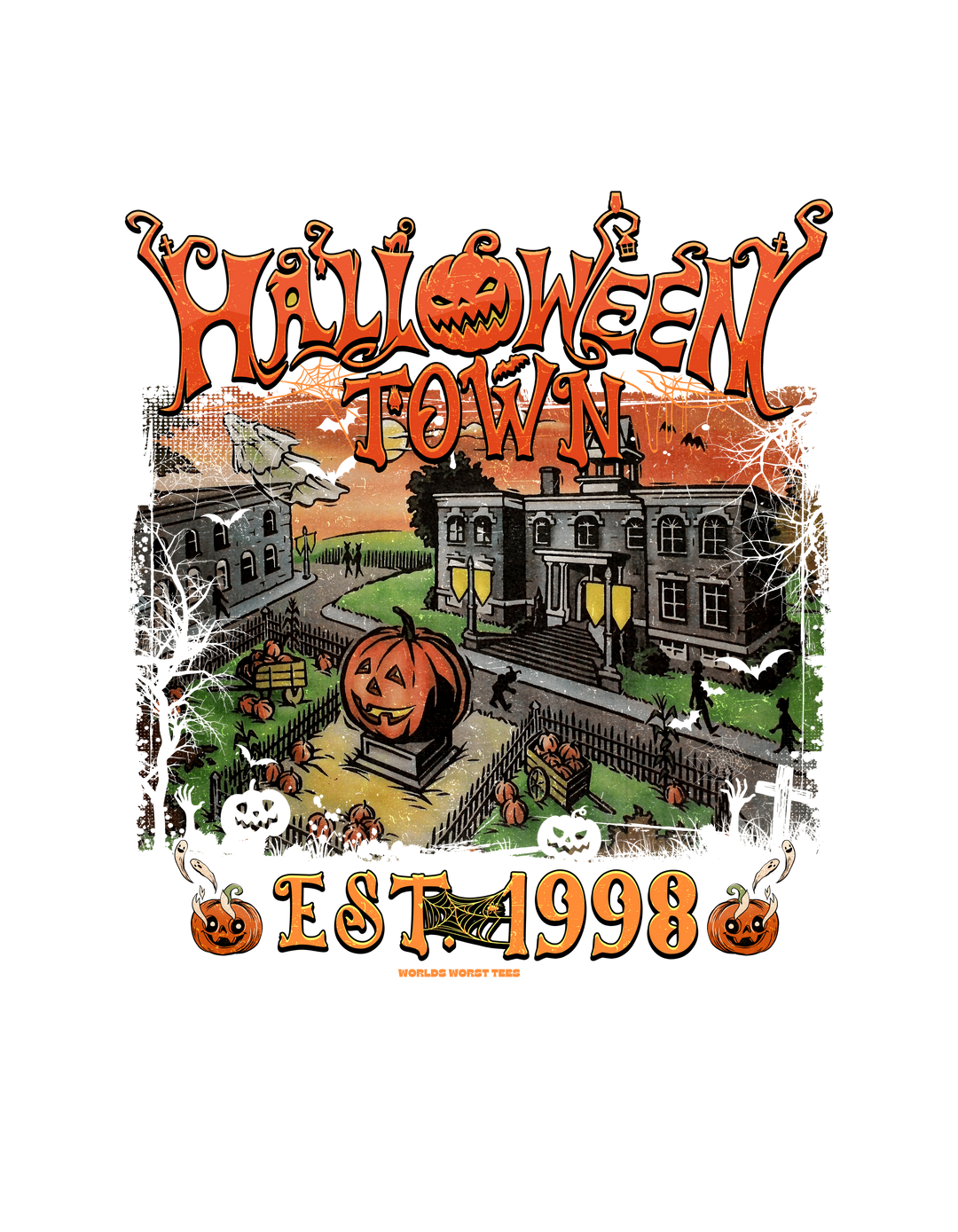 A spooky Halloweentown Tee featuring a graphic of a haunted house, pumpkins, bats, and a cartoon pumpkin. Unisex, garment-dyed sweatshirt with 80% ring-spun cotton, 20% polyester, and relaxed fit.