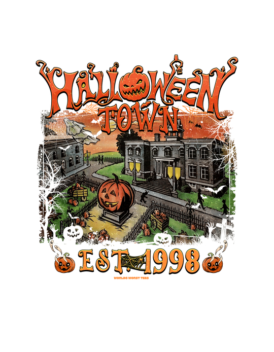 A spooky Halloweentown Tee featuring a graphic of a haunted house, pumpkins, bats, and a cartoon pumpkin. Unisex, garment-dyed sweatshirt with 80% ring-spun cotton, 20% polyester, and relaxed fit.