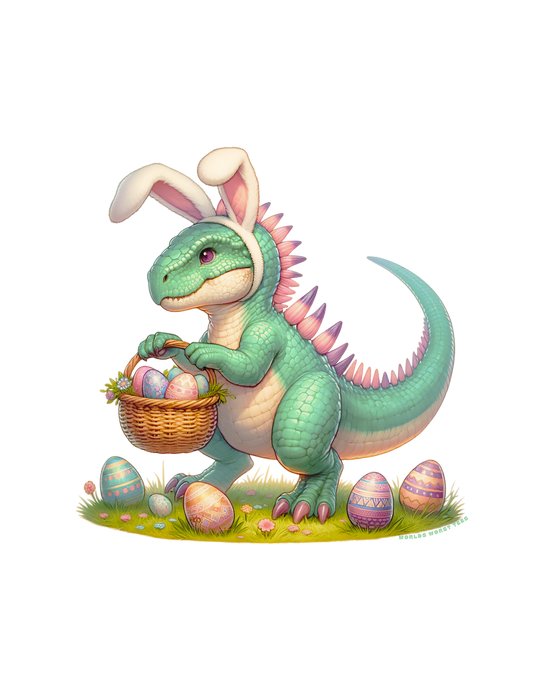 A cartoon dinosaur, Eggosaurus, holds a basket of eggs on a toddler tee. Soft, 100% combed ringspun cotton, light fabric, tear-away label, classic fit. Ideal for sensitive skin, perfect for little adventurers.