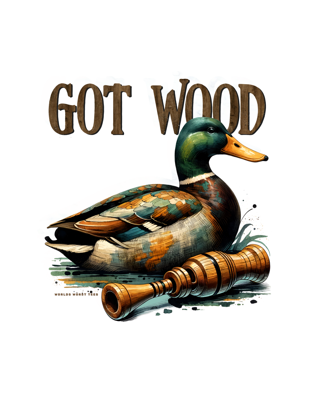 A relaxed fit Got Wood Tee in ring-spun cotton, featuring a duck with a wood mallet illustration. Medium weight, double-needle stitching, and tubular shape for durability and comfort. From Worlds Worst Tees.