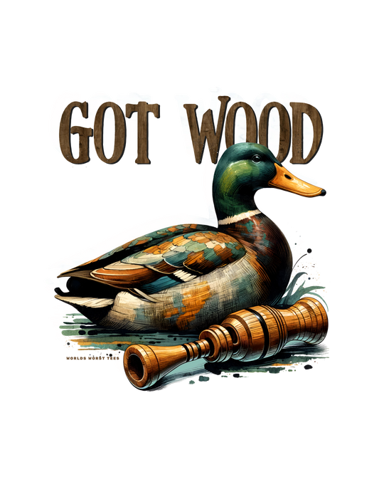 A relaxed fit Got Wood Tee in ring-spun cotton, featuring a duck with a wood mallet illustration. Medium weight, double-needle stitching, and tubular shape for durability and comfort. From Worlds Worst Tees.