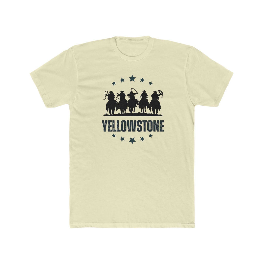 A premium Yellowstone Tee for men, featuring black text on a white shirt. Combed cotton, ribbed collar, and roomy fit for comfort. Ideal for workouts or daily wear.