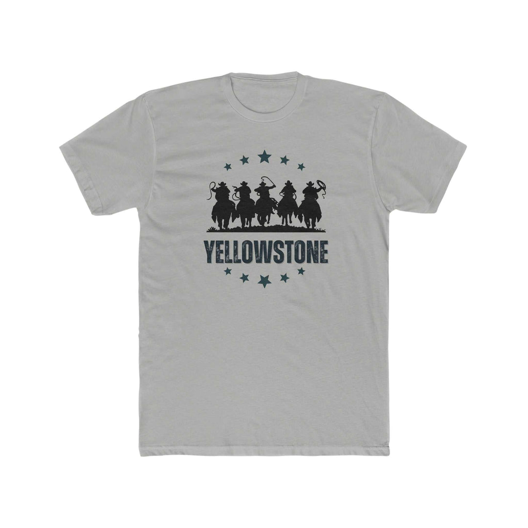 Yellowstone Tee: A grey t-shirt featuring a group of cowboys, ribbed knit collar for elasticity, premium fit, and 100% combed, ring-spun cotton fabric. Ideal for workouts or daily wear.