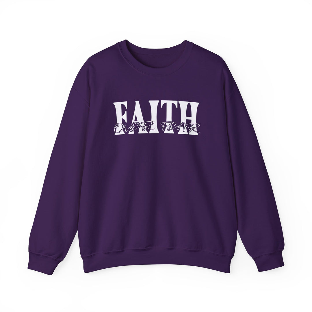 A purple sweatshirt with white Faith Over Fear text, ideal for comfort in any situation. Unisex heavy blend crewneck, 50% Cotton 50% Polyester, ribbed knit collar, no itchy side seams. Sizes S-5XL.