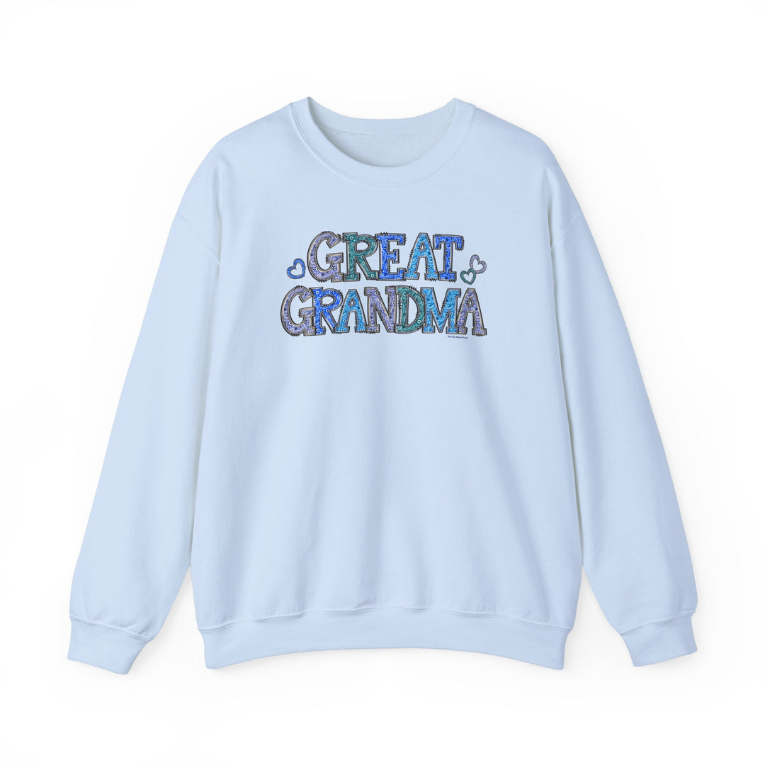 Unisex Great Grandma Crew sweatshirt, blue with text. Heavy blend fabric, ribbed knit collar, no itchy seams. 50% cotton, 50% polyester, loose fit, true to size. Dimensions: S-5XL.