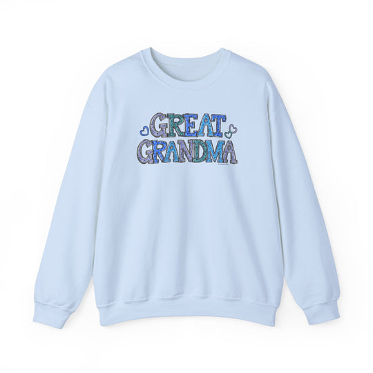 Unisex Great Grandma Crew sweatshirt, blue with text. Heavy blend fabric, ribbed knit collar, no itchy seams. 50% cotton, 50% polyester, loose fit, true to size. Dimensions: S-5XL.