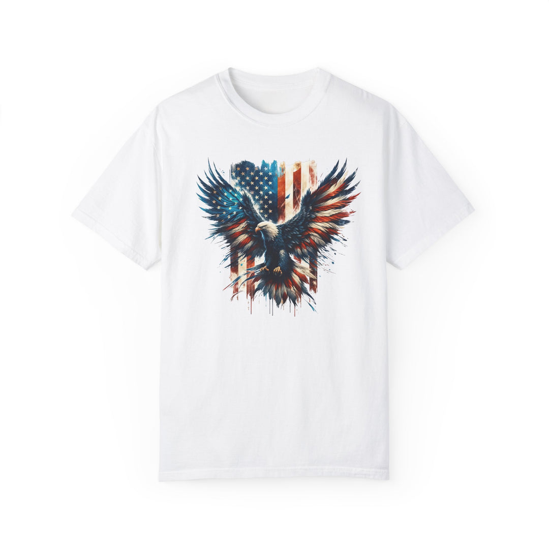 American Eagle Tee: A white t-shirt featuring a bold eagle design. Made of 100% ring-spun cotton with a relaxed fit for everyday comfort. Durable double-needle stitching and seamless sides for a sleek look.