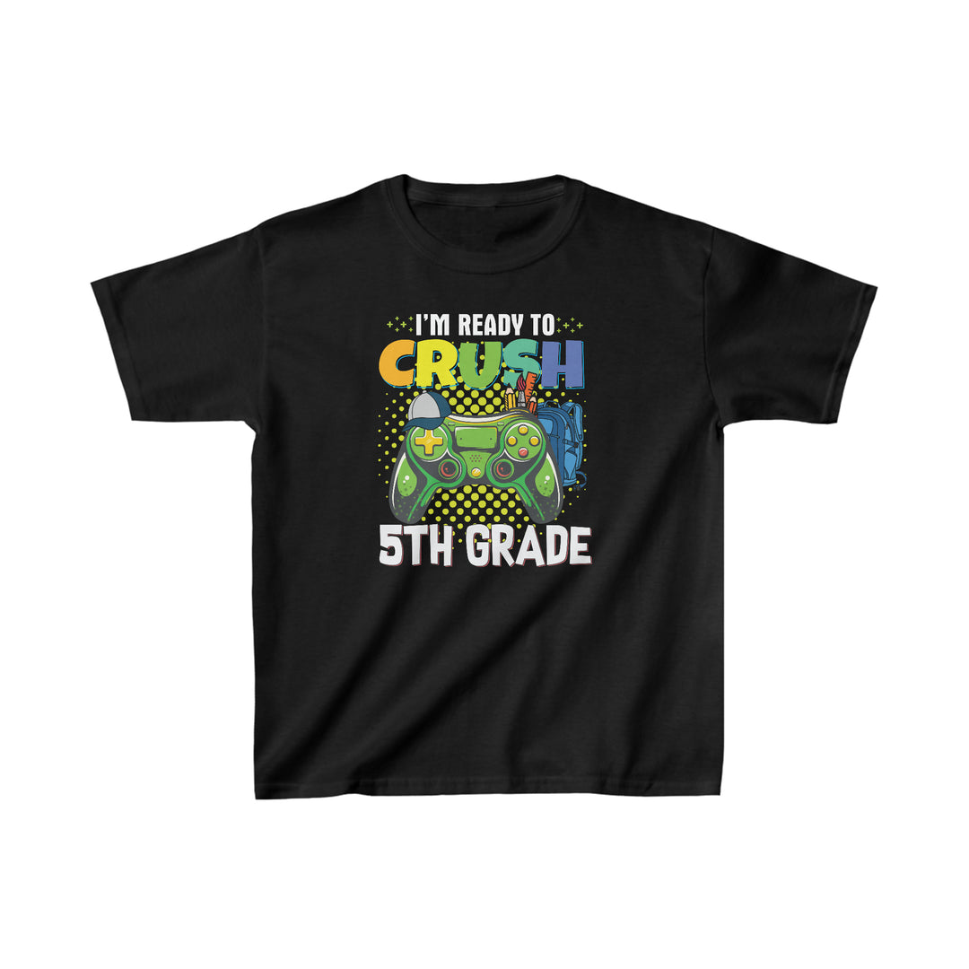 Black kids tee featuring a cartoon video game controller, ideal for daily wear. Made of 100% cotton, light fabric, classic fit, tear-away label, and durable twill tape shoulders. I'm Ready to Crush 5th Grade Kids Tee by Worlds Worst Tees.