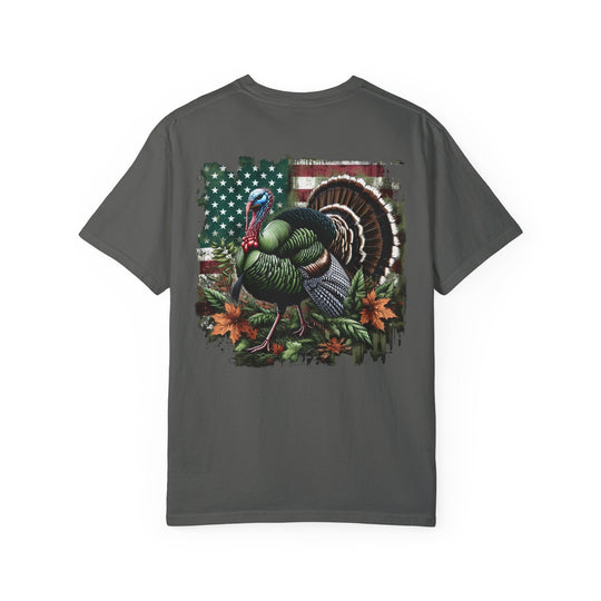 A ring-spun cotton Turkey Hunting Tee in grey, featuring a turkey design. Garment-dyed for coziness, with double-needle stitching for durability and a seamless look. Perfect for everyday wear.