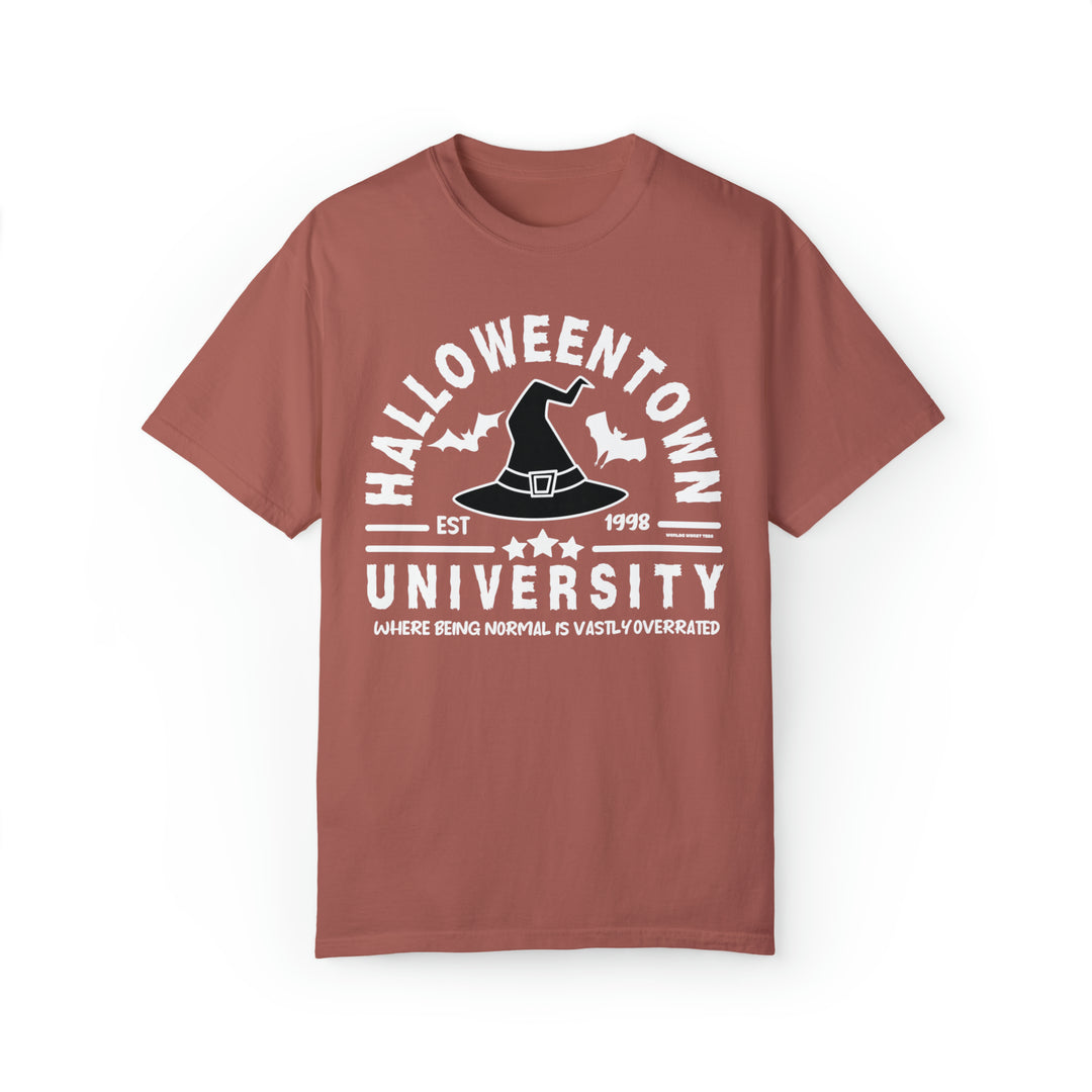 Unisex Halloweentown University Tee, garment-dyed sweatshirt in red with white text. Made of 80% ring-spun cotton and 20% polyester, featuring a relaxed fit and rolled-forward shoulder. Dimensions: S - 18.25W x 26.62L, 3XL - 27.75W x 32.50L.