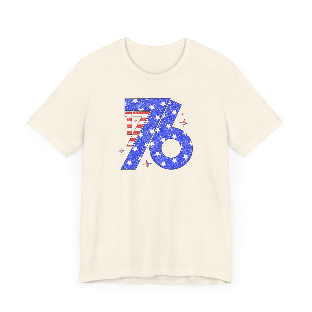 A classic 1776 Tee unisex jersey shirt with a patriotic design of numbers, stars, and stripes. Soft cotton, ribbed knit collars, and tear-away label for comfort and style. Sizes XS to 3XL.