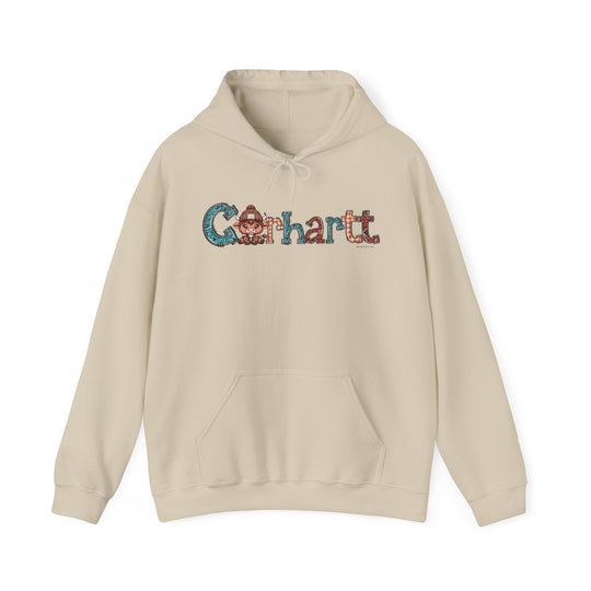 A Cowhartt Hoodie, a cozy blend of cotton and polyester, featuring a kangaroo pocket and a matching drawstring hood. Classic fit, tear-away label, ideal for printing. Unisex sizing.
