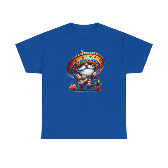 Mexican Gnome Tee: Unisex blue t-shirt featuring a gnome playing a guitar. Medium fabric, classic fit, tear-away label, and ethically sourced 100% US cotton. Ideal for casual, fun fashion.