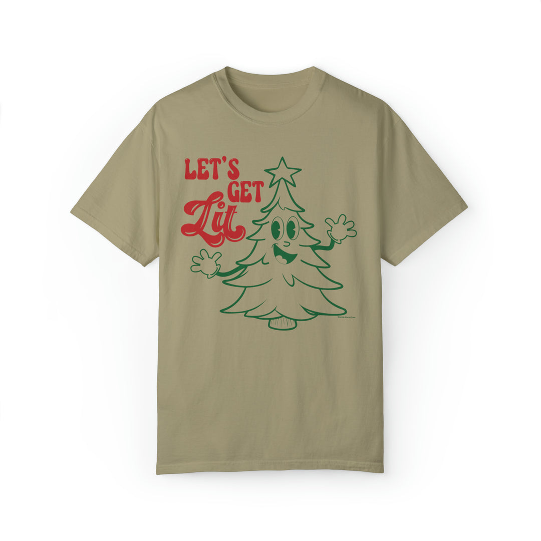Unisex Let's Get Lit Tee, tan shirt with a cartoon Christmas tree, 80% ring-spun cotton, 20% polyester, relaxed fit, rolled-forward shoulder, back neck patch.