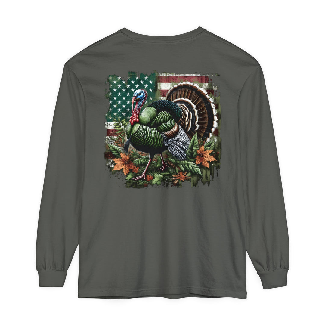 Turkey Hunting Long Sleeve T-Shirt: A grey shirt featuring a turkey design, perfect for casual wear. Made of 100% ring-spun cotton with a classic fit for comfort. From Worlds Worst Tees.