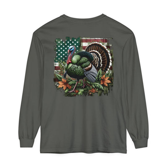 Turkey Hunting Long Sleeve T-Shirt: A grey shirt featuring a turkey design, perfect for casual wear. Made of 100% ring-spun cotton with a classic fit for comfort. From Worlds Worst Tees.