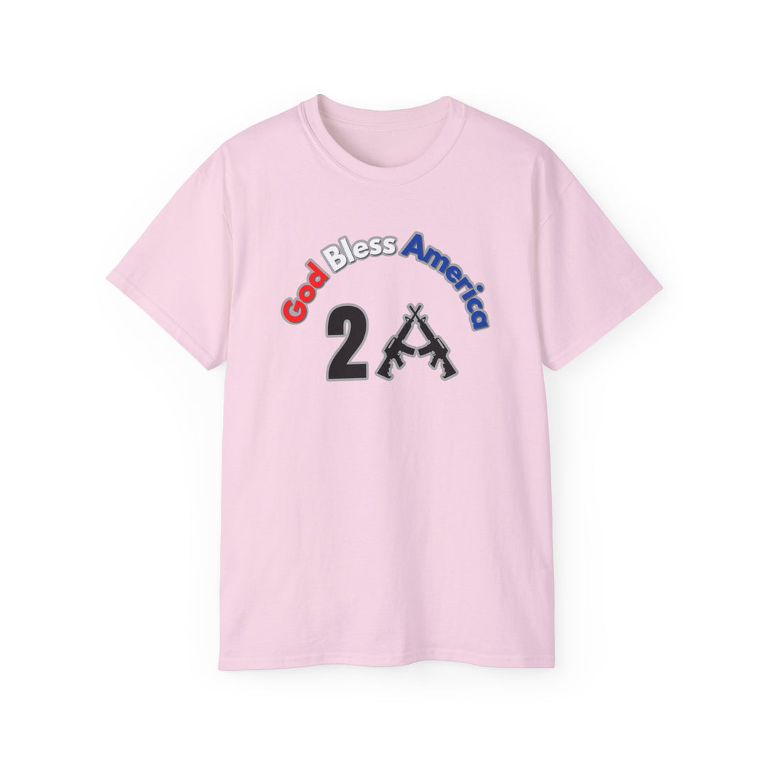 Unisex God Bless America 2A Tee with gun logo, text on pink shirt. 100% cotton, classic fit, tear-away label, sustainably sourced. Medium fabric, ribbed collar, no side seams.